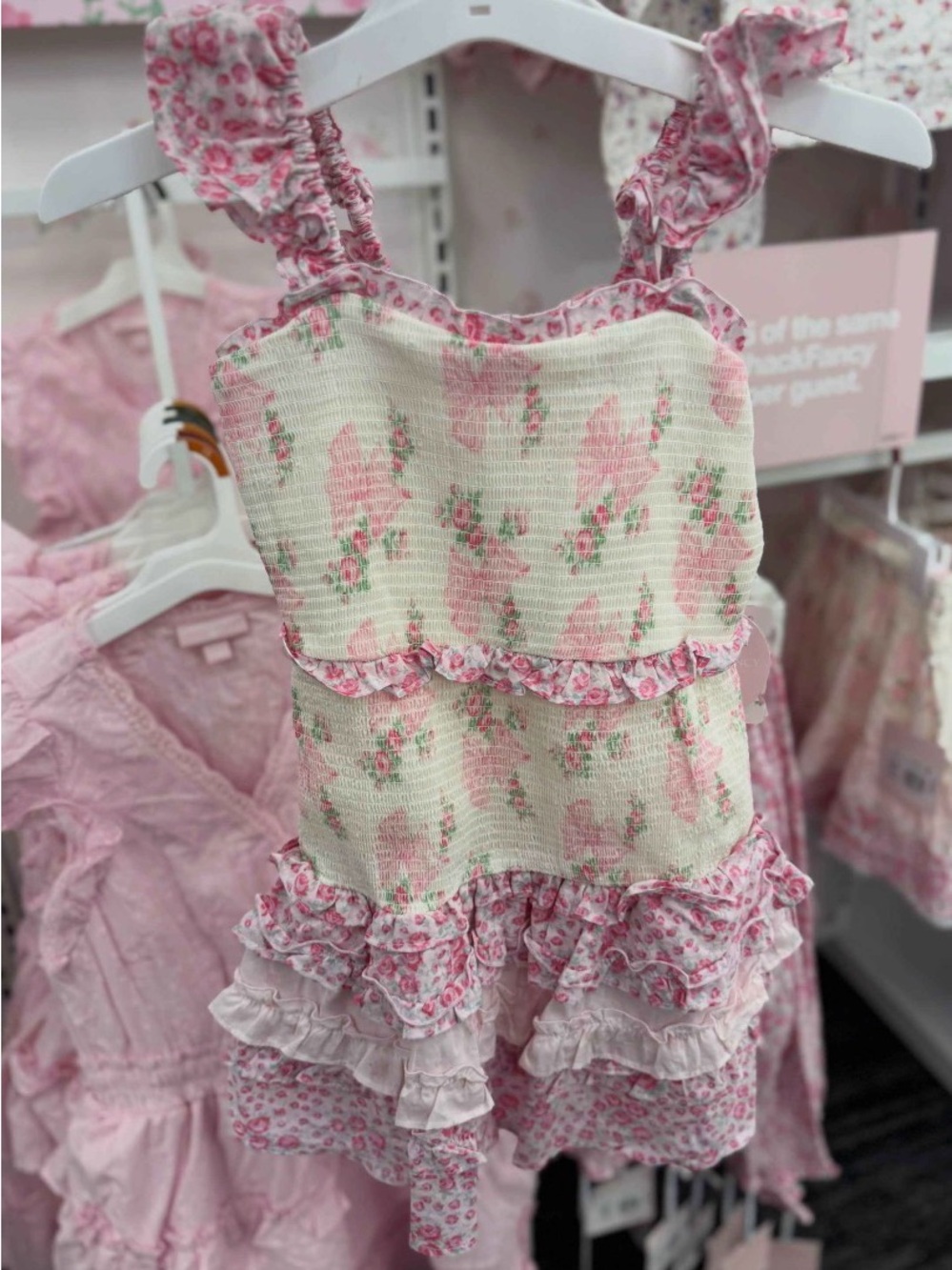 LoveShackFancy Cream and Pink Ruffled Floral Mini Dress
